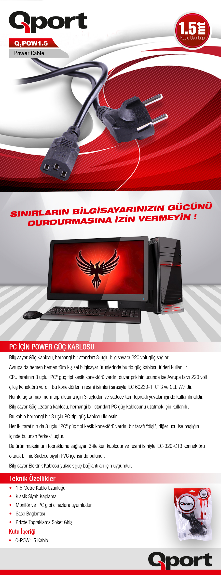 QPORT Q-POW1.5 1.5 METRE PC POWER KABLOSU*Kampanyalı Fiyat !